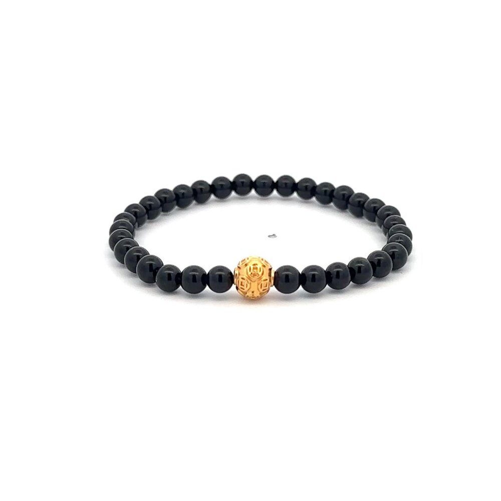 18K Gold Money Coin Ball Lucky Charm Bracelet Mini Gemstones Natural Onyx 4mm